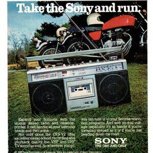 1981 Sony CFS-V2 Boombox Stereo Vintage Print Ad Audiophile Motorcycle Wall Art